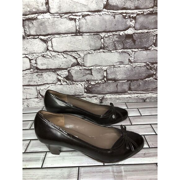 GIORGIA B. Brown Leather Patent Bow Designer Pumps Heels Women’s Sz 38EU/7.5M US - Picture 6 of 16